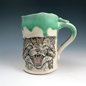 Hand Painted Ceramic "Smash" Cat Art Mug, 15oz, Porcelain Mug, Hand Drawn Pottery Mug, Unique Coffee Mug, Cat Lover Gift for Him or Her
