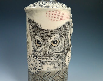 Industrial Style Handmade Owl Bottle Vase, Handpainted Original Art Pottery, Fine Art Ceramic Vase, Industrial Home Decor, Unique Pottery