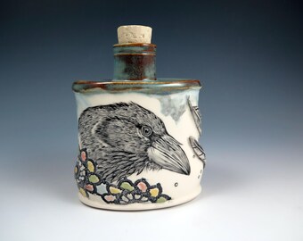 Handmade Gothic Raven Ceramic Flask, Hand Drawn and Handpainted Pottery, Original Art Flask, Ceramic Bottle, Nature Lover Gift, OOAK Pottery