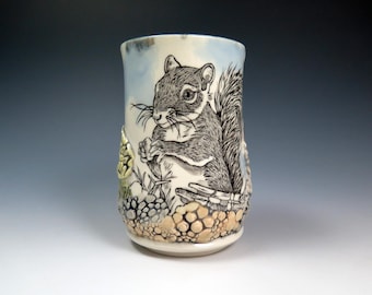 Hand Drawn Woodland Squirrel Porcelain Tumbler, 18oz, Original Hand built Ceramic Cup, Functional Pottery, Unique Animal Lover Gift