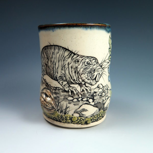 Naked Mole Rat Fine Art Ceramic Cup, 13oz, Handpainted and Hand-sculpted Pottery, Animal Lover, Unique Illustrated Cups, Clay Sculpture Cup