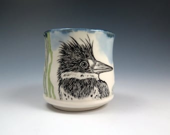 Handmade Ceramic Kingfisher Teabowl, 6oz, Hand Drawn Pottery, Artistic Cup, Fine Art Ceramics, Original Art Teabowl, Bird Lover Gift