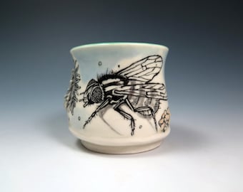 Hand Drawn Porcelain House Fly Teabowl, 6oz, Handpainted Pottery, Unique Tea Cup, Original Ceramic Tea bowl