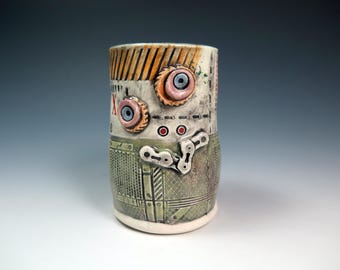 Crusty Robot Ceramic Juice Cup, 10oz, Handmade Clay Robot Sculpture, Unique Pottery Cups, Whimsical Pottery, Tea Cup, OOAK