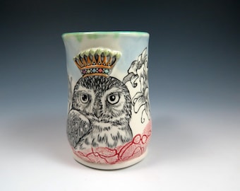 Handpainted Northern Pygmy Owl Collage Style Art Mug, 15oz, Hand Drawn Pottery Mug, Unique Coffee or Tea Lover Mug, Gift for Her or Him