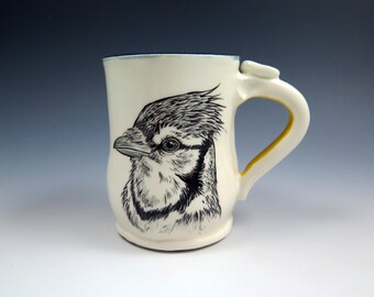 Blue Jay Handpainted Ceramic Art Mug, 15oz, Porcelain Mug, Hand Drawn Pottery, Artisan Coffee Mug, Bird Lover Gift, Bird Design