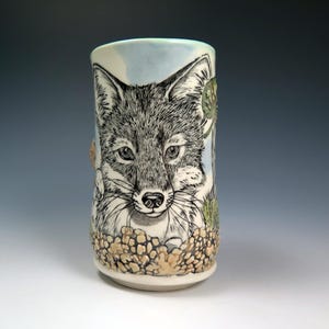 Hand Drawn Woodland Fox Porcelain Tumbler, 18oz, Original Hand built Ceramic Cup, Functional Pottery, Unique Animal Lover Gift