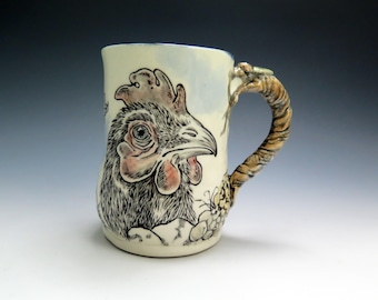 Handpainted Chicken Collage Style Art Mug, 15oz, Hand Drawn Pottery Mug, Unique Coffee Lover Mug, Ceramic Mug, Gift for Her or Him