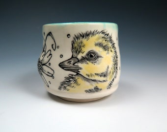 Hand Drawn Porcelain Gosling Art Teabowl, 6oz, Handpainted and Hand drawn Pottery, Unique Tea Cup, Original Art Tea bowl, Bird Lover Gift