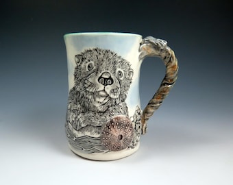 Ceramic Sea Otter Collage Style Mug, 15oz, Hand Drawn and Painted Pottery Mug, Unique Coffee Lover Cup