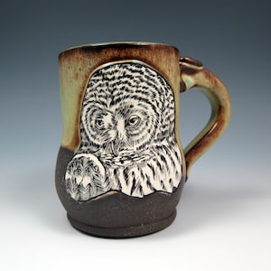 Handcrafted Barred Owl Ceramic Art Mug, 15oz, Unique Coffee Mug, Hand Built and Hand Illustrated Pottery Mug, Animal Lover Gift for Her/Him,