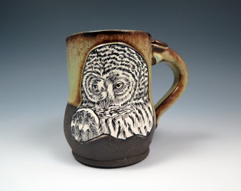 Handcrafted Barred Owl Ceramic Art Mug, 15oz, Unique Coffee Mug, Hand Built and Hand Illustrated Pottery Mug, Animal Lover Gift for Her/Him,