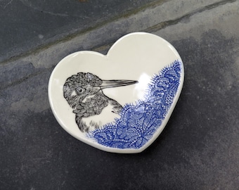 Handpainted Ceramic Hummingbird Dipping Dish, Hand Drawn Pottery Dish, Original Art Ceramic, Porcelain Ring Dish, Tea Bag Holder