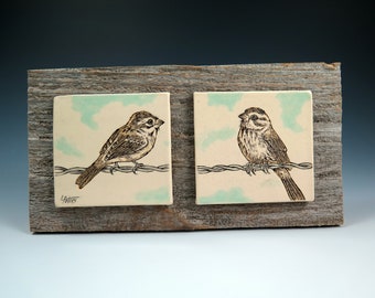 Birds on a Wire Wall tile, Handpainted Ceramic Tile, Handmade Wall Piece, Home Decor, Decorative Wall Tile, Cat Lover, Pottery Tile, OOAK