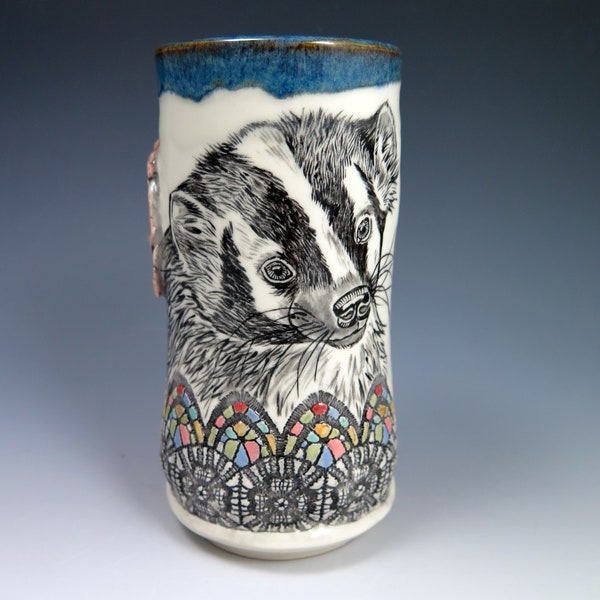 Hand Drawn Porcelain Badger Art Tumbler, 18oz, Original Art Pottery, Handpainted, Fine Art Ceramic Cup, Wildlife Ceramic, Unique Pottery