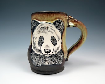 Handcrafted Panda Ceramic Art Mug, 15oz, Unique Coffee Mug, Hand Built and Hand Illustrated Pottery Mug, Animal Lover Gift for Her/Him,