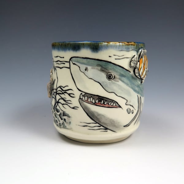 Shark Week, Ceramic Great White Shark Teabowl, 10oz, Unique Pottery Tea bowl, Hand Drawn and Hand Painted Ceramics, Tea Cups, Whiskey Cup