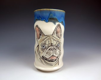 Hand Painted Ceramic French Bulldog Art Tumbler, 17oz, Original Handmade Ceramic Cup, Functional Pottery, Unique Dog Lover Gift