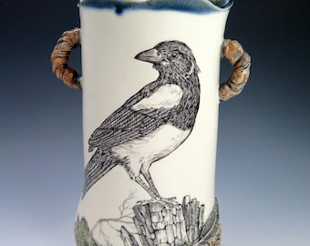 Magpie Handsculpted and Handpainted Ceramic Vase, Unique Pottery Vase, Animal Vase, Nature Lover Pottery Gift, Decorative Ceramic