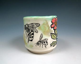 Hand Drawn Porcelain Honey Bees Art Teabowl, 6oz, Handpainted Pottery, Unique Ceramic Tea Cup, Original Art Tea bowl, Nature Lover Gift