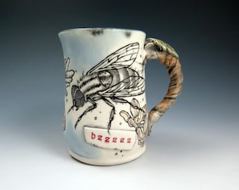 Bzzzzz, Handpainted Ceramic Fly Mug, 15oz, Hand Drawn Pottery Mug, Coffee Lover Cup, Ceramic Mug, Unique Gift for Her or Him