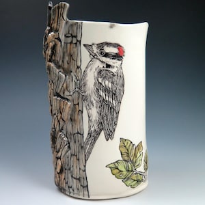 Handmade Downy Woodpecker Woodland Sculpture Vase, Hand Drawn Pottery, Fine Art Ceramic Vessel, Nature Inspired, Home Decor