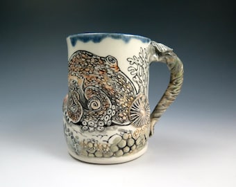Handpainted Ceramic Octopus Art Mug, 15oz, Hand Drawn Pottery Mug, Unique Coffee Lover Cup, Ceramic Mug, Gift for Her or Him