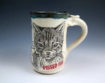 Handpainted Ceramic Cat Profanity Mug, 18oz, Handmade Porcelain Mug, Unique Coffee Mug, Collage Style Pottery Mug, Cat Lover Gift