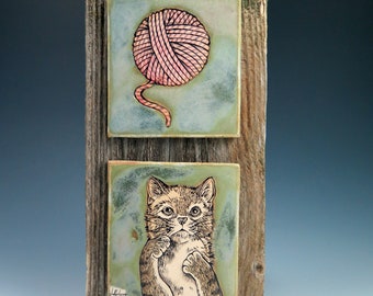 Kitten with Yarn Wall tile, Handpainted Ceramic Tile, Handmade Wall Piece, Home Decor, Decorative Wall Tile, Cat Lover, Pottery Tile, OOAK