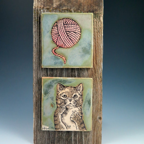 Kitten with Yarn Wall tile, Handpainted Ceramic Tile, Handmade Wall Piece, Home Decor, Decorative Wall Tile, Cat Lover, Pottery Tile, OOAK