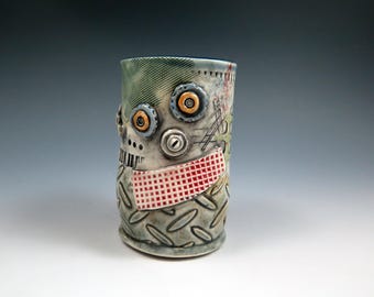 Crusty Robot Ceramic Juice Cup, 10oz, Handmade Clay Robot Sculpture, Unique Pottery Cups, Whimsical Pottery, Tea Cup, OOAK