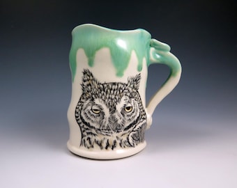Hand Painted Ceramic Sleepy Owl Mug, 15oz, Porcelain Drippy Mug, Hand Drawn Pottery Mug, Unique Coffee Mug, Gift for Him or Her