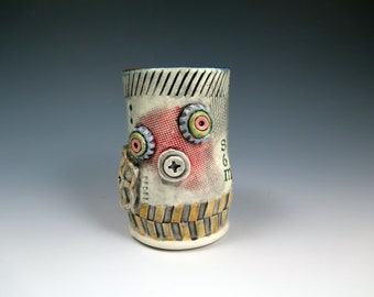 Crusty Robot Ceramic Juice Cup, 10oz, Handmade Clay Robot Sculpture, Unique Pottery Cups, Whimsical Pottery, Tea Cup, OOAK