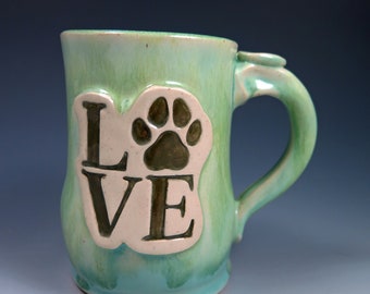 LOVE Paw Print Pottery Mug, 16oz, 25% of Profits to Local Animal Shelters, Handmade Dog Mug, Dog Coffee Mug, Ceramic Dog Mug, Pet Lover Gift