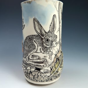 Hand Drawn Jerboa Porcelain Tumbler, 18oz, Original Hand built Ceramic Cup, Functional Pottery, Unique Animal Lover Gift