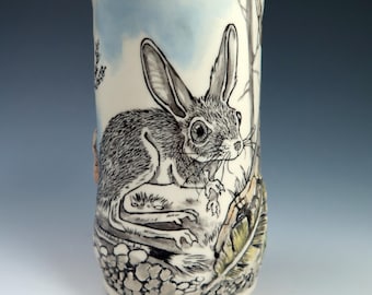 Hand Drawn Jerboa Porcelain Tumbler, 18oz, Original Hand built Ceramic Cup, Functional Pottery, Unique Animal Lover Gift