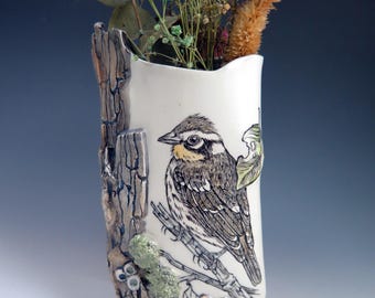 Hand Sculpted Ceramic Songbird Wall Pocket, Handpainted Wall Piece, Decorative Wall Art, Bird Lover Gift