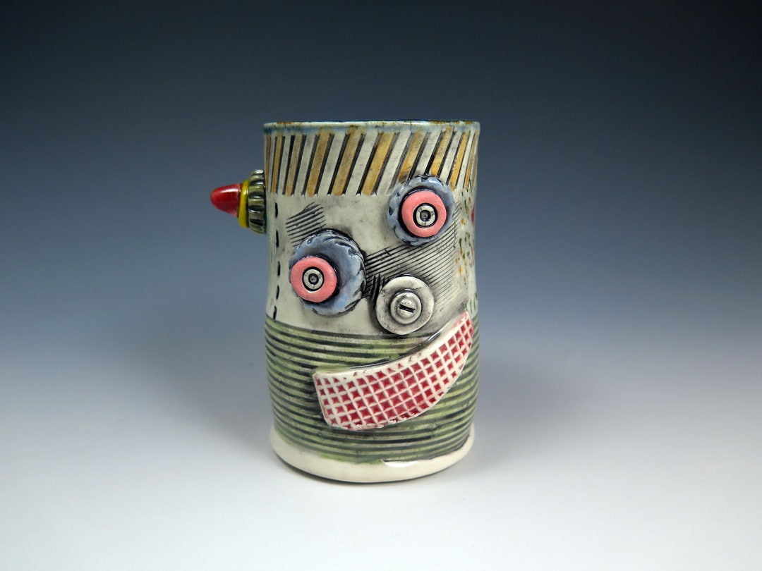 Crusty Robot Ceramic Juice Cup, 10oz, Handmade Clay Robot Sculpture