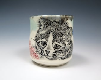 Handmade Ceramic Kitten Teabowl, 6oz, Hand Drawn Pottery, Artistic Cup, Fine Art Ceramics, Original Art Teabowl, Cat Lover Gift