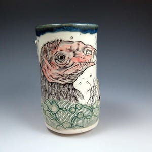 Hand Drawn Vulture Tumbler, 18oz, Original Handmade Ceramic Cup, Functional Pottery, Unique Animal Lover Gift, Painted Ceramic