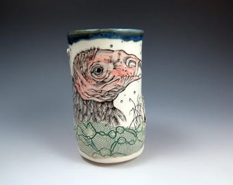 Hand Drawn Vulture Tumbler, 18oz, Original Handmade Ceramic Cup, Functional Pottery, Unique Animal Lover Gift, Painted Ceramic