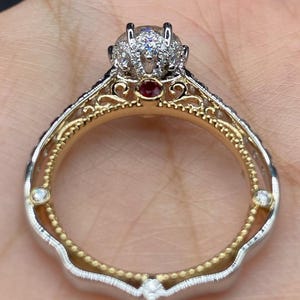 Round Moissanite Ring in 18K Gold Vermeil , Two Tone Crown Halo Engagement Band, Filigree Scrollwork Statement Ring, Custom Engraved Jewelry