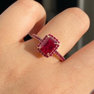 Emerald Cut Ruby Ring in Gold Vermeil over Sterling Silver, Red Gemstone Halo Engagement Ring, Custom Engraved Promise Band