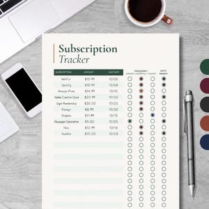 May include: A white subscription tracker sheet with a dark green header titled Subscription Tracker. The table lists services like Netflix and Spotify with columns for amount, due date, frequency, and auto-renew checkboxes in various colors.