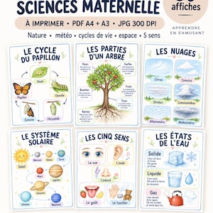 Könnte beinhalten: Ein Set aus 30 pädagogischen Wissenschaftspostern für Kinder mit Illustrationen zu Schmetterlingslebenszyklen, Baumanatomie, Wolkenarten, Sonnensystem, fünf Sinnen und Wasserzuständen, inklusive französischer Beschriftung und digitalen Formaten.
