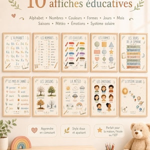 Peut inclure: Un ensemble de dix affiches éducatives avec du texte en français, incluant l'alphabet, les nombres, les couleurs, les formes, les jours, les mois, les saisons, la météo, les émotions et le système solaire, présentées dans des cadres en bois.