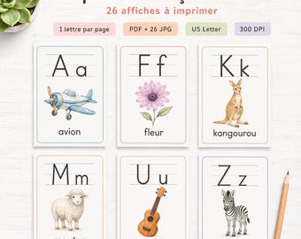 Alphabet Français A–Z | 26 Affiches Illustrées Aquarelle pour Maternelle, Abécédaire Classe, Chambre et Apprentissage