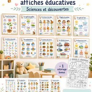 Op de afbeelding: Een set van 10 educatieve posters getiteld Lot de 10 affiches éducatives Sciences et découvertes, met kleurrijke illustraties van planten, dieren, watercycli, letters en dagelijkse hygiëne, inclusief een bonus zwart-wit kleurplaat.