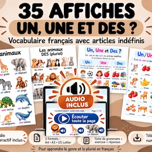 French Un Une Des for Kids | 35 Vocabulary Posters, Noun Articles, Singular Plural, Interactive Audio