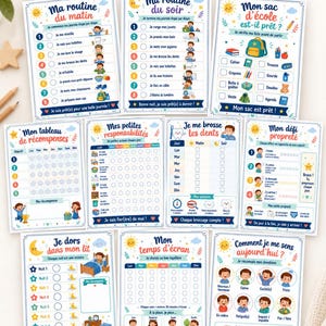Op de afbeelding: Een set van 10 educatieve posters voor kinderen met kleurrijke illustraties en Franse tekst. De posters bevatten dagelijkse routines, checklists voor schooltassen, beloningstabellen, verantwoordelijkheidstrackers, tandenpoetslogboeken, zindelijkheidstraining, slaap, schermtijd en emotietrackers.